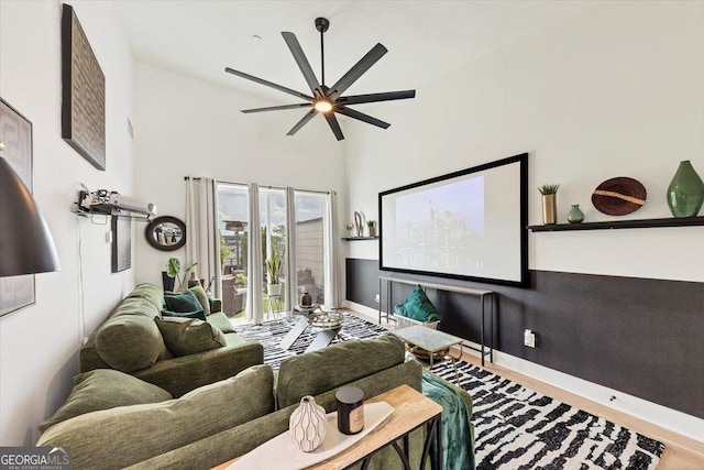 701 Pryor St SW # 5, Atlanta, GA 30315 - living room with a ceiling fan, baseboards, high vaulted ceiling, and wood finished floors
