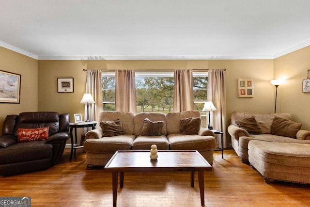 living room with plenty of natural light, wood finished floors, and crown molding
