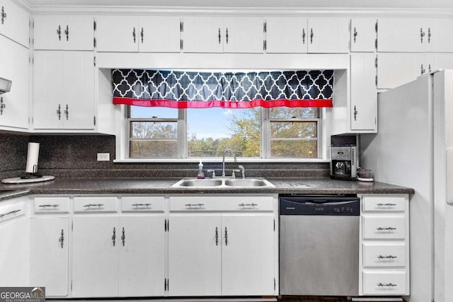 kitchen with dishwasher, a sink, white cabinets, and ornamental molding