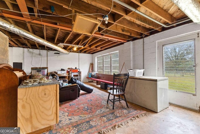basement featuring concrete block wall, healthy amount of natural light, and oil tank