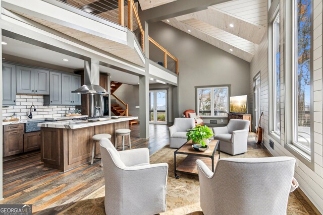 105 Yonah Vw, Dahlonega, GA 30533 - living room with dark wood-style floors, stairs, recessed lighting, and a high ceiling