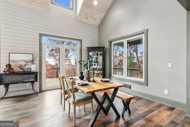 105 Yonah Vw, Dahlonega, GA 30533 - dining area with high vaulted ceiling, wood-type flooring, wood walls, and wood ceiling