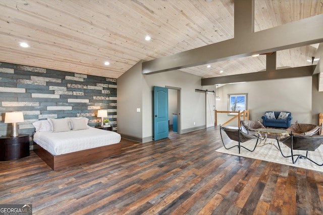 105 Yonah Vw, Dahlonega, GA 30533 - bedroom featuring a barn door, baseboards, wood finished floors, wooden ceiling, and recessed lighting