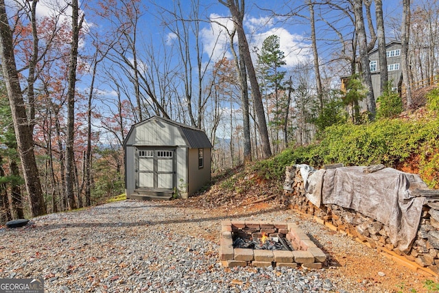 105 Yonah Vw, Dahlonega, GA 30533 - view of yard featuring a shed, an outbuilding, and an outdoor fire pit