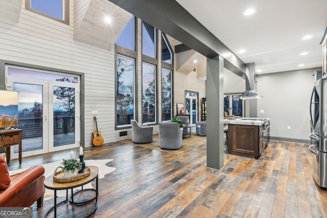 105 Yonah Vw, Dahlonega, GA 30533 - interior space with hardwood / wood-style floors, a high ceiling, baseboards, recessed lighting, and french doors