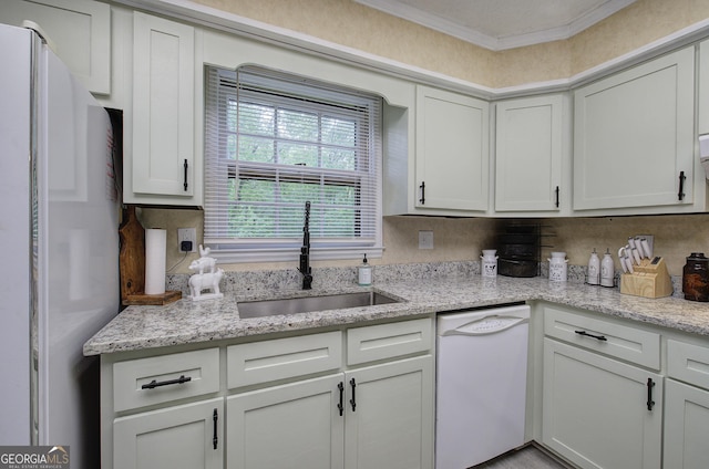 567 Fred Kelley Rd NE, Rome, GA 30161 - kitchen featuring white appliances, a sink, ornamental molding, light stone countertops, and white cabinets