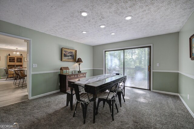 567 Fred Kelley Rd NE, Rome, GA 30161 - dining room with carpet flooring, baseboards, a textured ceiling, and recessed lighting