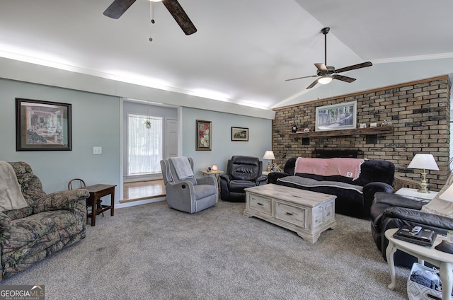 567 Fred Kelley Rd NE, Rome, GA 30161 - living area with ceiling fan, light carpet, lofted ceiling, crown molding, and a fireplace