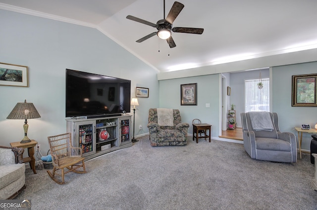 567 Fred Kelley Rd NE, Rome, GA 30161 - carpeted living area featuring vaulted ceiling, a ceiling fan, ornamental molding, and baseboards