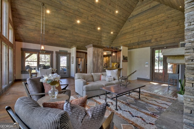455 Misty Mountain Trl, Morganton, GA 30560 - living area featuring high vaulted ceiling, wood-type flooring, baseboards, wooden ceiling, and recessed lighting