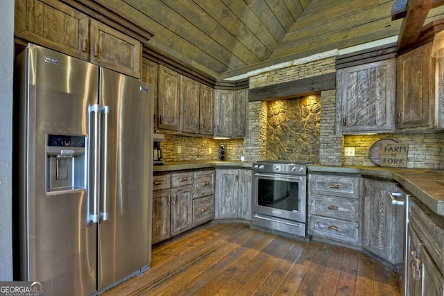 455 Misty Mountain Trl, Morganton, GA 30560 - kitchen with stainless steel appliances, wooden ceiling, dark wood finished floors, backsplash, and dark countertops