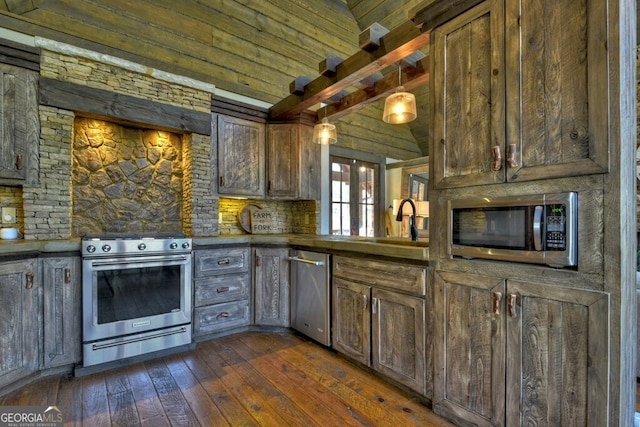 455 Misty Mountain Trl, Morganton, GA 30560 - kitchen featuring appliances with stainless steel finishes, a sink, dark wood-style floors, wood ceiling, and beamed ceiling