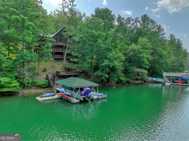 455 Misty Mountain Trl, Morganton, GA 30560 - dock featuring a water view, boat lift, and stairs