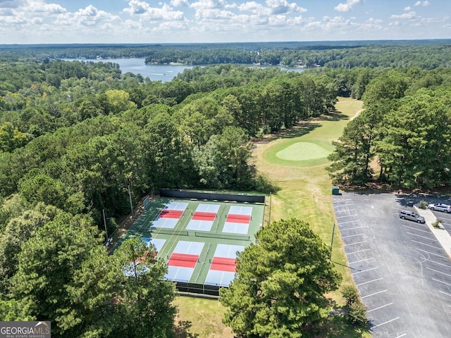 aerial view of a heavily wooded area, a large body of water, and a local golf course