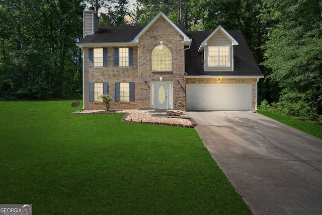 96 Ashtonbrook Dr, Mcdonough, GA 30252 - view of front of house with concrete driveway, a garage, a chimney, brick siding, and a front yard