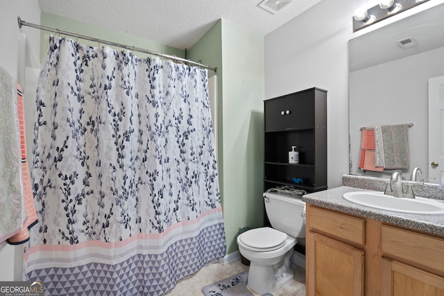 96 Ashtonbrook Dr, Mcdonough, GA 30252 - full bath featuring toilet, vanity, tile patterned floors, curtained shower, and a textured ceiling