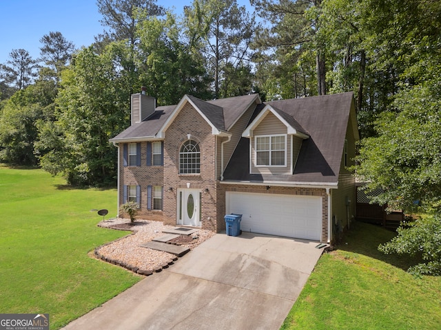 96 Ashtonbrook Dr, Mcdonough, GA 30252 - view of front of house featuring concrete driveway, brick siding, a garage, a front lawn, and a chimney