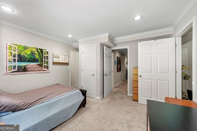 5652 Harbormist Dr, Powder Springs, GA 30127 - bedroom featuring ornamental molding, recessed lighting, light colored carpet, and baseboards