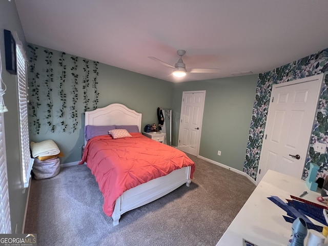 5652 Harbormist Dr, Powder Springs, GA 30127 - bedroom with carpet, baseboards, a ceiling fan, and wallpapered walls