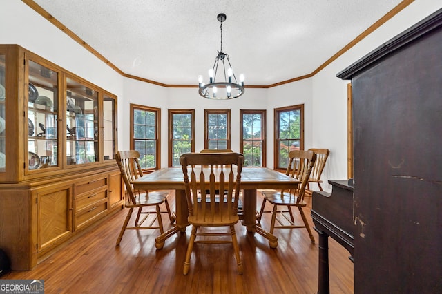 dining room with a chandelier, wood-type flooring, healthy amount of natural light, ornamental molding, and a textured ceiling
