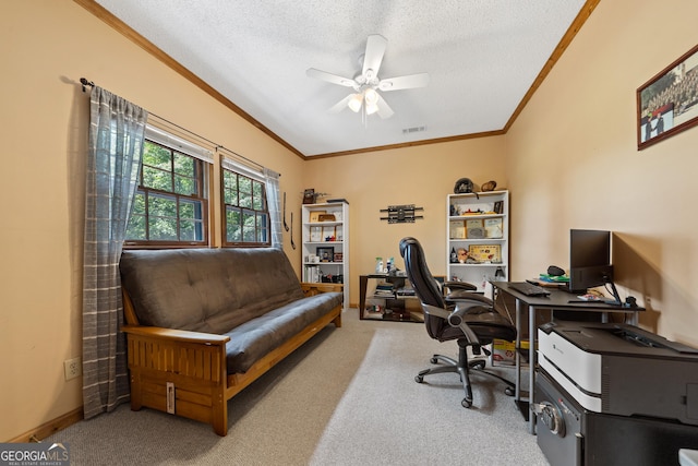 1627 Leguin Mill Rd, Locust Grove, GA 30248 - carpeted home office featuring crown molding, ceiling fan, a textured ceiling, and baseboards