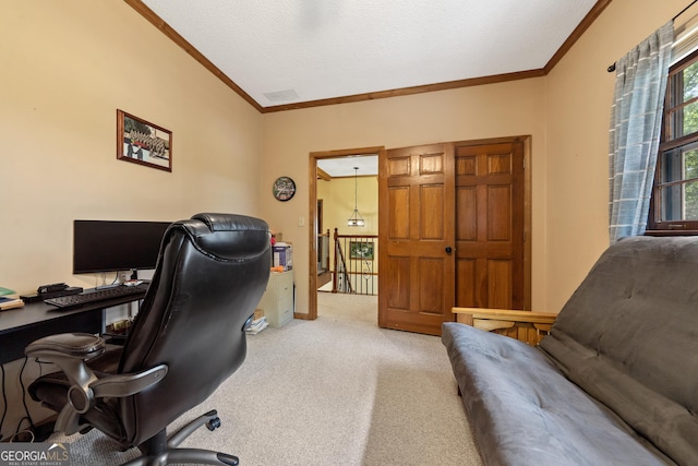 home office featuring ornamental molding and carpet flooring