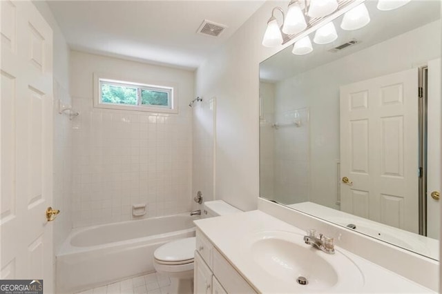 bathroom with toilet, shower / washtub combination, vanity, tile patterned flooring, and a chandelier