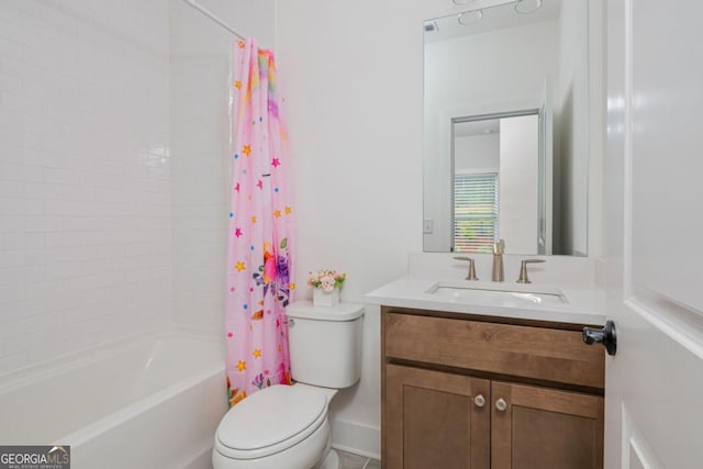 bathroom with toilet, vanity, and shower / bath combo with shower curtain