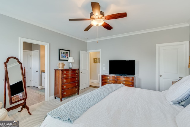 131 Village Dr, Clarkesville, GA 30523 - bedroom featuring ornamental molding, light carpet, ceiling fan, and baseboards