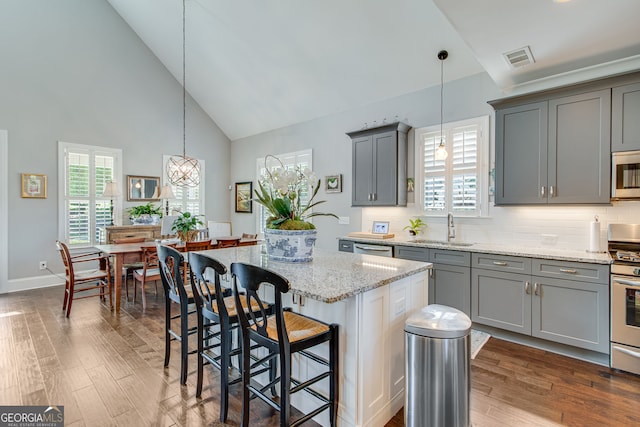 131 Village Dr, Clarkesville, GA 30523 - kitchen featuring gray cabinets, a sink, high vaulted ceiling, appliances with stainless steel finishes, and light stone counters
