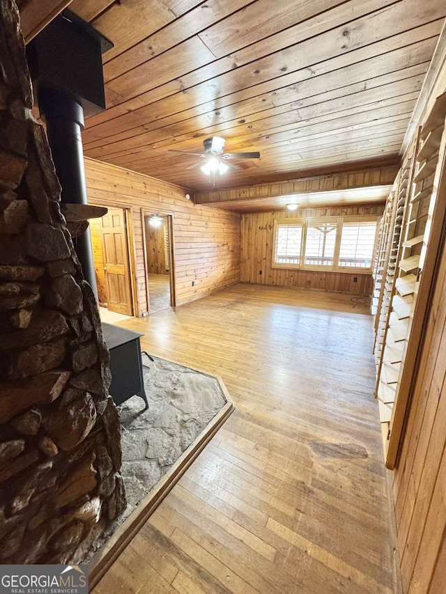 456 Pickelsimer Rd, Blairsville, GA 30512 - additional living space featuring wood ceiling, wood walls, a ceiling fan, hardwood / wood-style flooring, and a wood stove