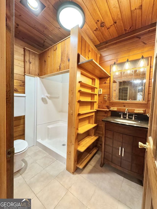 456 Pickelsimer Rd, Blairsville, GA 30512 - full bathroom with wood ceiling, wood walls, a shower stall, tile patterned flooring, and vanity