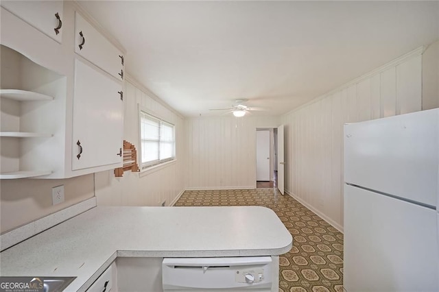 629 Birchwood Rd, Marietta, GA 30060 - kitchen with white appliances, open shelves, ceiling fan, white cabinets, and light countertops