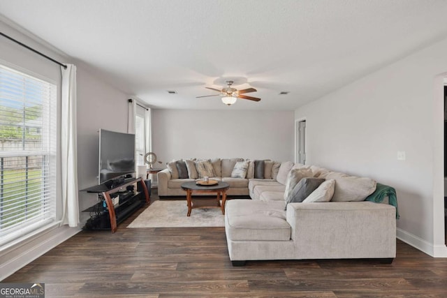 309 Nashview Trl, Allenhurst, GA 31301 - living area featuring plenty of natural light, ceiling fan, baseboards, and dark wood finished floors