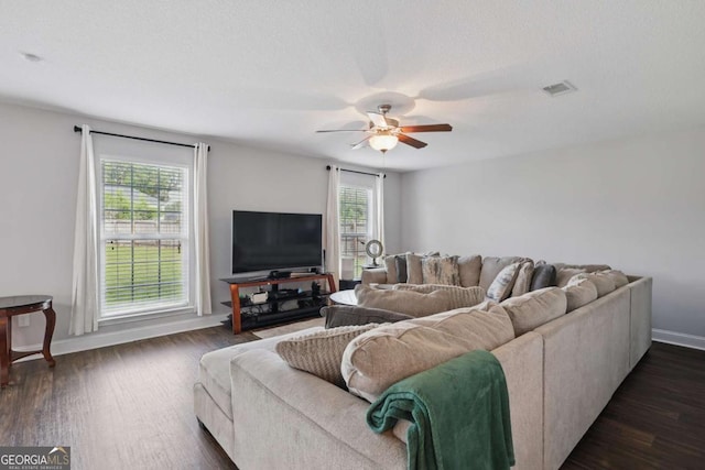 309 Nashview Trl, Allenhurst, GA 31301 - living area with plenty of natural light, a ceiling fan, dark wood-style floors, and baseboards