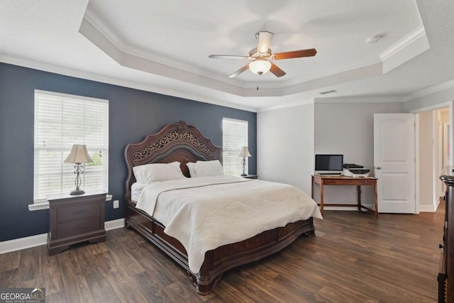 309 Nashview Trl, Allenhurst, GA 31301 - bedroom with a tray ceiling, ornamental molding, wood finished floors, a ceiling fan, and baseboards