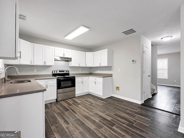 7006 Mahonia Pl, Lithonia, GA 30038 - kitchen featuring stainless steel electric range, a sink, under cabinet range hood, and baseboards