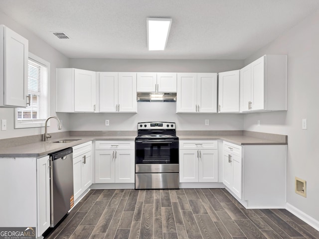 7006 Mahonia Pl, Lithonia, GA 30038 - kitchen with appliances with stainless steel finishes, a sink, under cabinet range hood, and dark wood-style floors