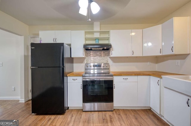 1693 Montreal Rd, Tucker, GA 30084 - kitchen featuring stainless steel electric range oven, freestanding refrigerator, ceiling fan, light wood-style floors, and extractor fan