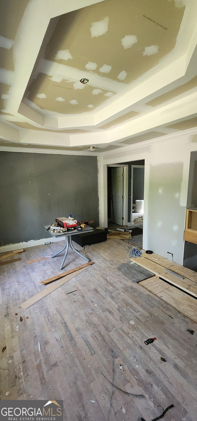 unfurnished room with wood finished floors and a raised ceiling