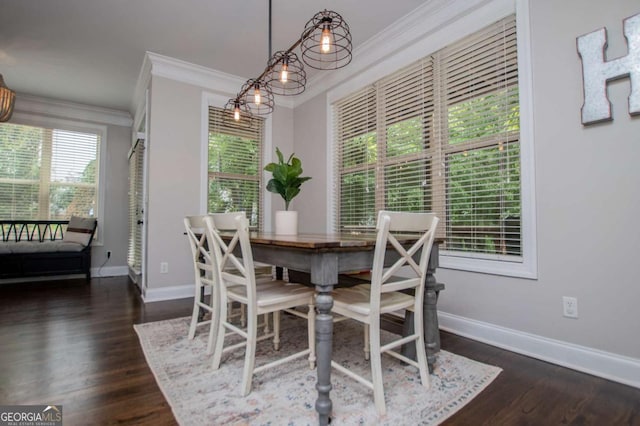 dining space featuring crown molding, baseboards, and dark wood-type flooring