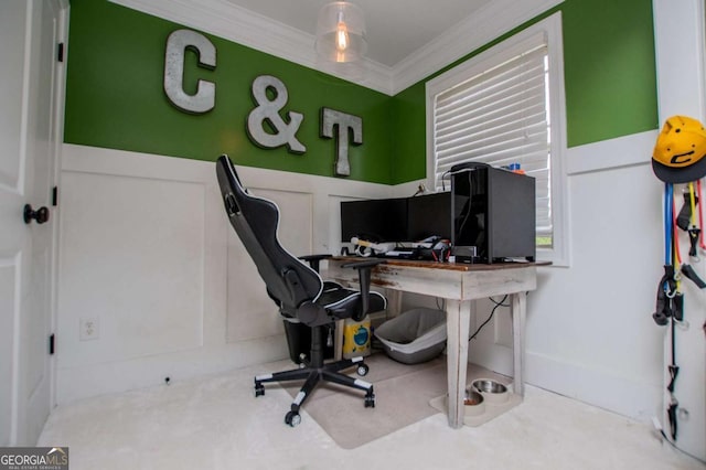 carpeted home office with ornamental molding