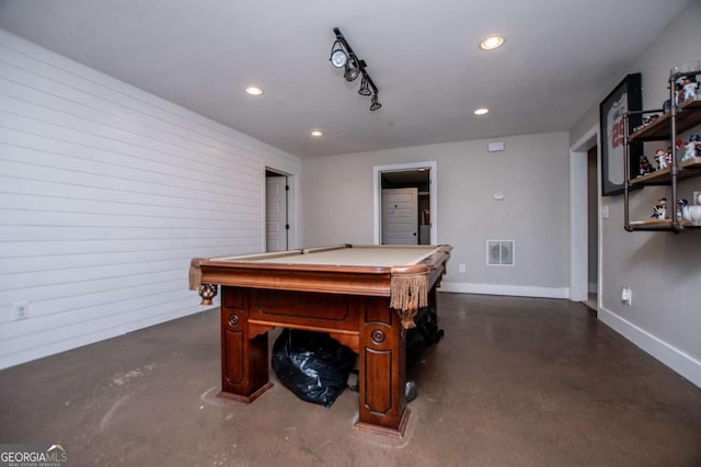 game room with concrete flooring, recessed lighting, billiards table, and baseboards