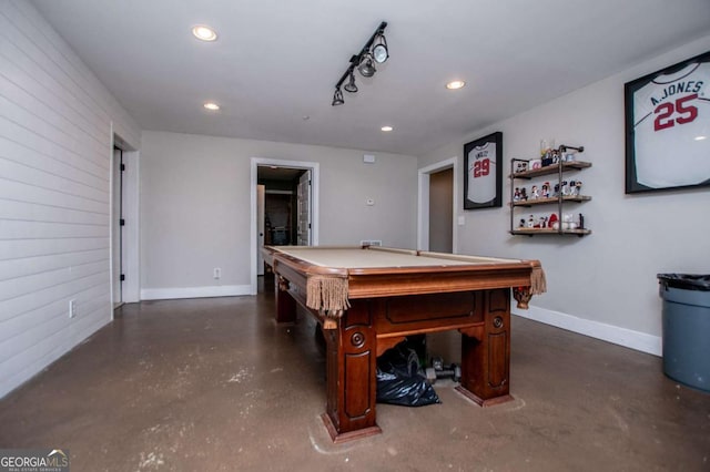 game room featuring billiards table, concrete flooring, recessed lighting, and baseboards