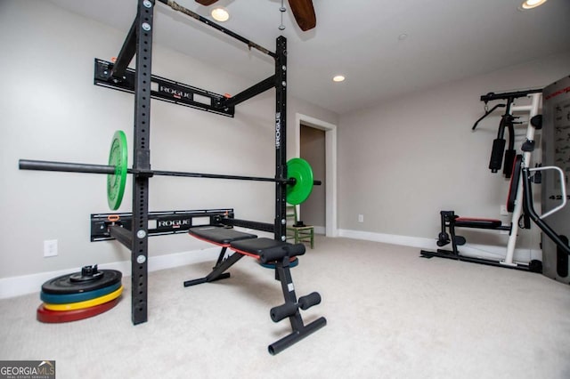 workout area featuring carpet, recessed lighting, and baseboards
