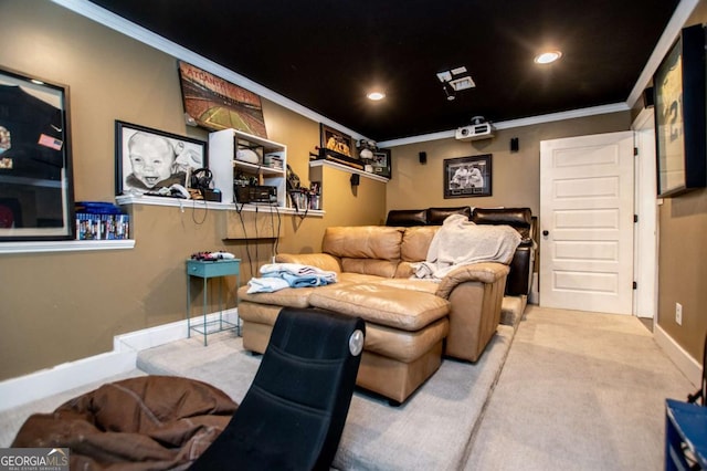 cinema featuring carpet flooring, crown molding, baseboards, and recessed lighting