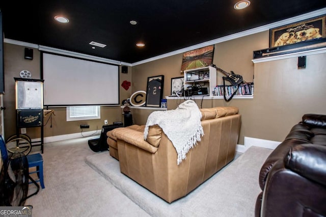 cinema room with baseboards, carpet, crown molding, and recessed lighting