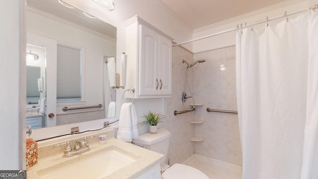 bathroom with ornamental molding, toilet, a tile shower, and vanity