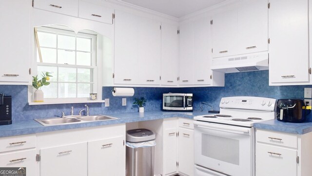 kitchen with white electric stove, under cabinet range hood, a sink, stainless steel microwave, and white cabinets