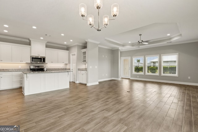 125 The Villas Way, Kingsland, GA 31548 - unfurnished living room with ceiling fan, a tray ceiling, baseboards, recessed lighting, and light wood finished floors